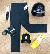 Baseball pants, batting helmets, belts, batting gloves, socks, and caps.
